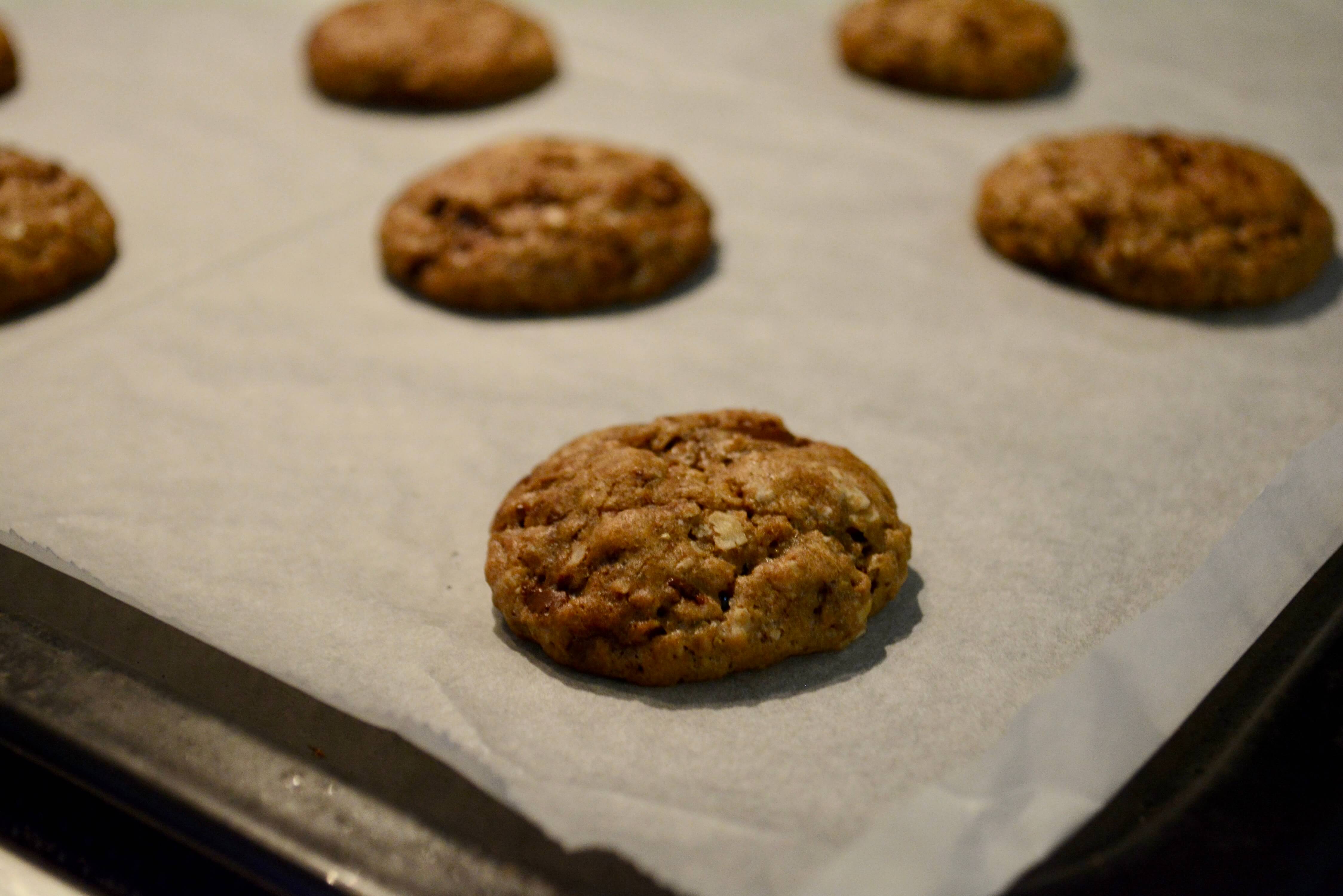 Nybagte havregrynscookies med chokoladestykker